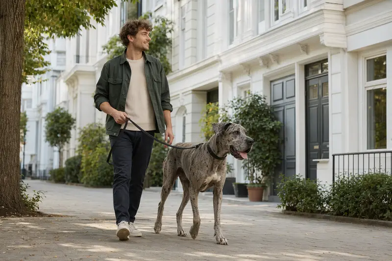 Eine Spanische Dogge läuft an der Leine mit ihrem Besitzer durch eine moderne Stadtstraße.