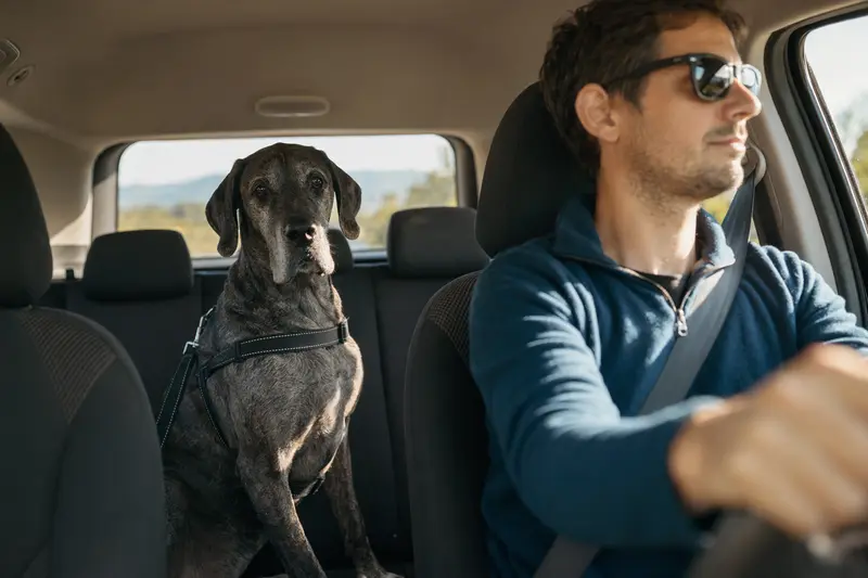 Eine spanische Dogge sitzt sicher angeschnallt auf der Rückbank eines Autos, während der Besitzer ruhig fährt und Sonnenlicht durch das Fenster fällt.