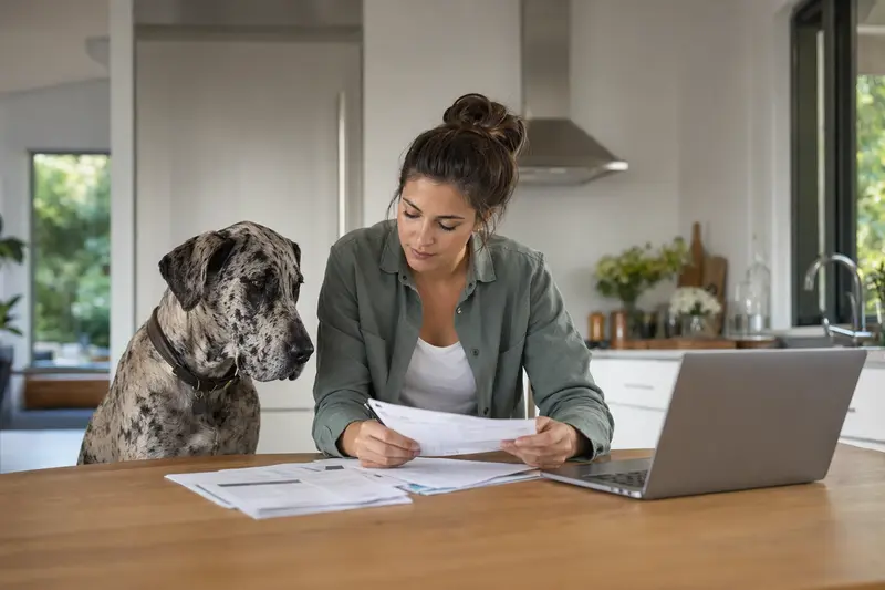 Eine Spanische Dogge sitzt ruhig neben ihrem Besitzer am Küchentisch, während Versicherungsunterlagen und ein Laptop mit Vergleichsseite vor ihnen liegen.