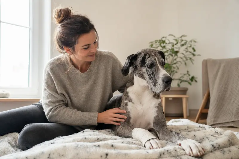 Ein Spanische Dogge Hund mit leichtem Verband an der Pfote liegt ruhig auf einer Decke, während sein Besitzer erleichtert neben ihm sitzt.