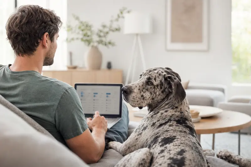 Ein Hundebesitzer mit einer Spanischen Dogge arbeitet entspannt mit Laptop auf dem Sofa und vergleicht Tierversicherungen.