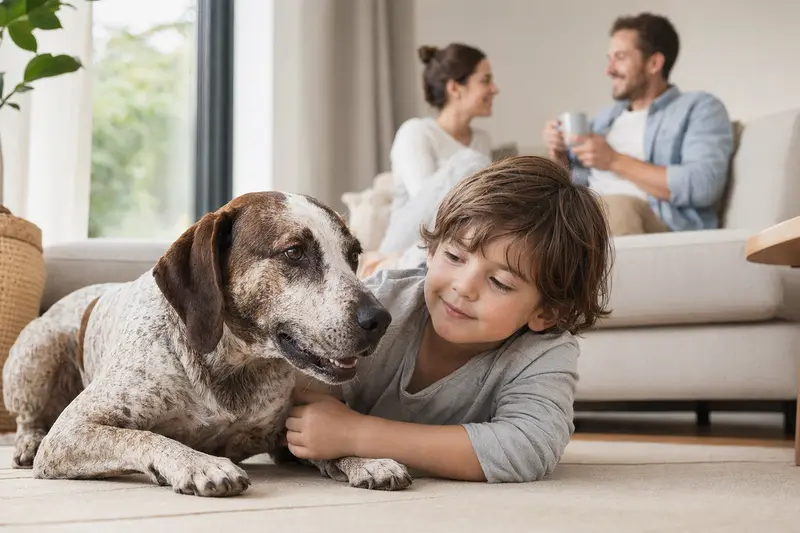 Ein Spanischer Laufhund liegt entspannt neben einem Kind im hellen Wohnzimmer einer Familie.