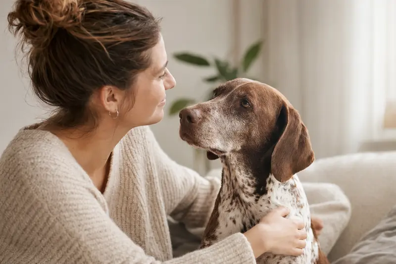 Spanischer Laufhund in natürlicher Haltung vor hellem Hintergrund, als realistisches Portrait mit feiner Fellstruktur und aufmerksamem Blick.