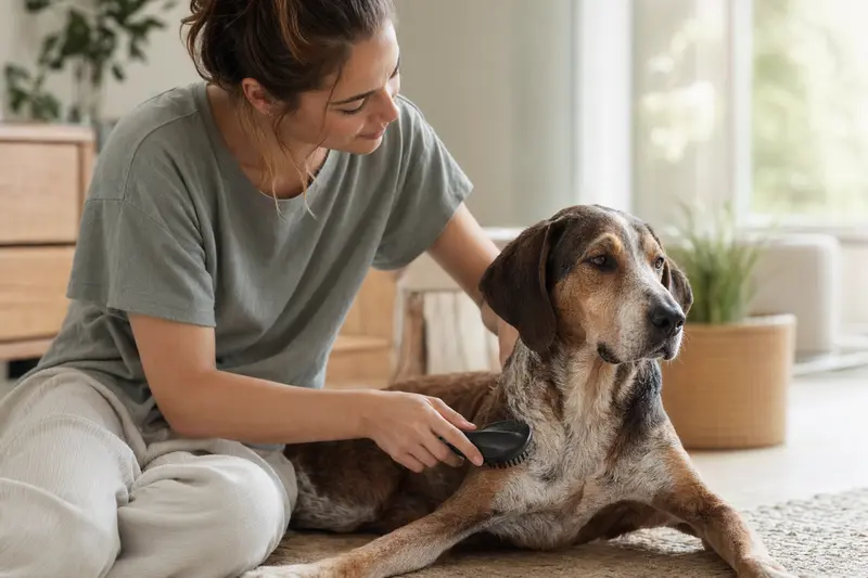 Ein Spanischer Laufhund wird in einer hellen Wohnung sanft gebürstet und erlebt liebevolle Fellpflege durch seinen Besitzer.