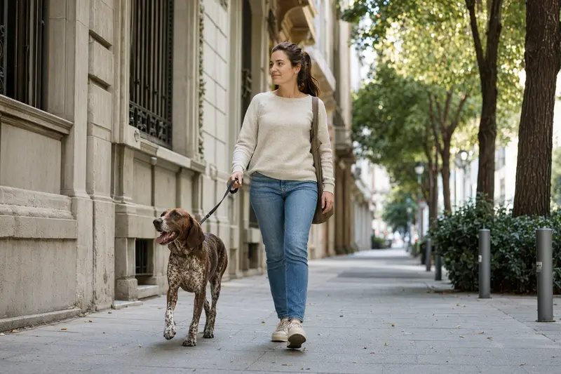 Ein Spanischer Laufhund läuft an der Leine mit seinem Besitzer durch eine freundliche moderne Stadtstraße.