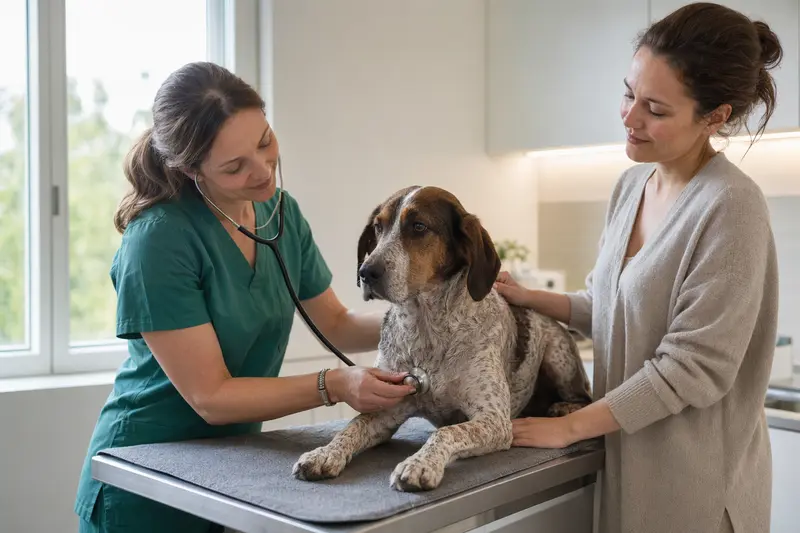 Eine Tierärztin untersucht einen ruhigen Spanischen Laufhund mit dem Stethoskop, während der Besitzer beruhigend daneben steht.