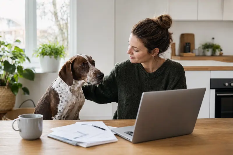 Spanischer Laufhund sitzt ruhig neben seinem Besitzer am Küchentisch mit Versicherungsunterlagen und einem Laptop mit Vergleichsseite zur Hundekrankenversicherung.