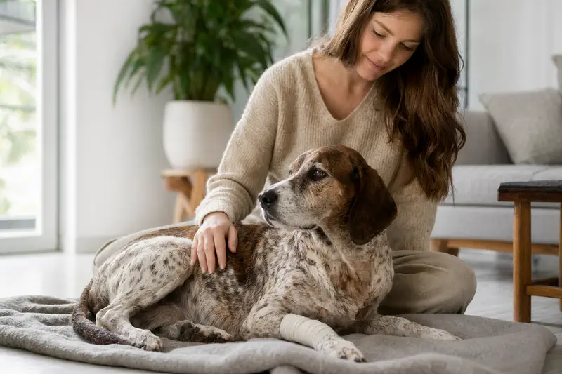 Ein Spanischer Laufhund mit leicht verbundenem Pfötchen liegt ruhig auf einer Decke neben seinem Besitzer in einer hellen Wohnung.