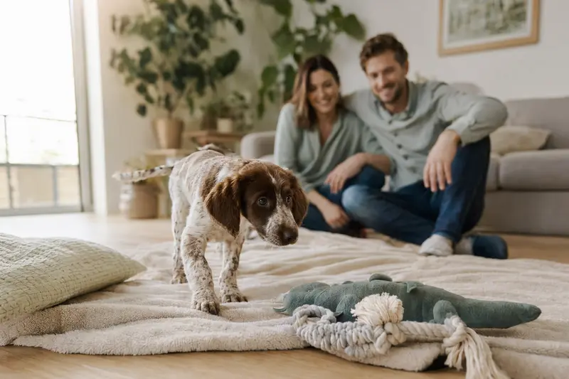 Junger Spanischer Laufhund-Welpe entdeckt neugierig sein neues Zuhause mit Decke und Spielzeug in einer hellen Wohnung.