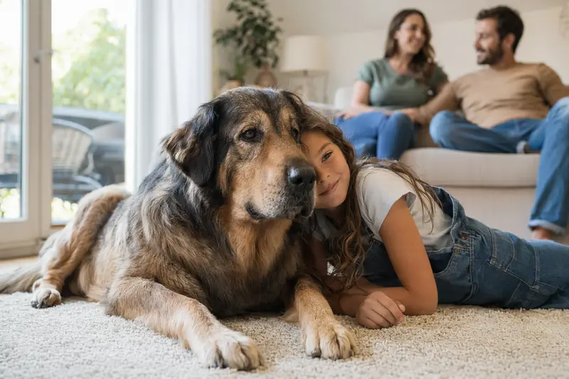 Ein Spanischer Mastiff liegt entspannt neben einem Kind im Wohnzimmer, während die Eltern im Hintergrund für eine sichere Familienatmosphäre sorgen.