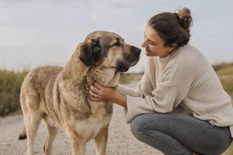 Ein aufmerksamer Spanischer Mastiff steht in natürlicher Haltung vor hellem Hintergrund und zeigt die typische Körperform der Rasse.