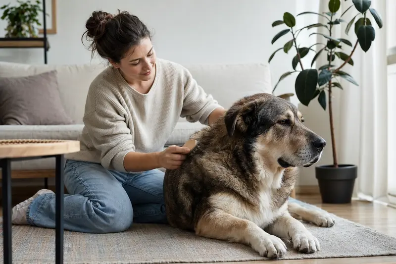 Ein Spanischer Mastiff wird in einer hellen Wohnung von seinem Besitzer sanft gebürstet, während die Fellpflege ruhig und verantwortungsvoll erfolgt.