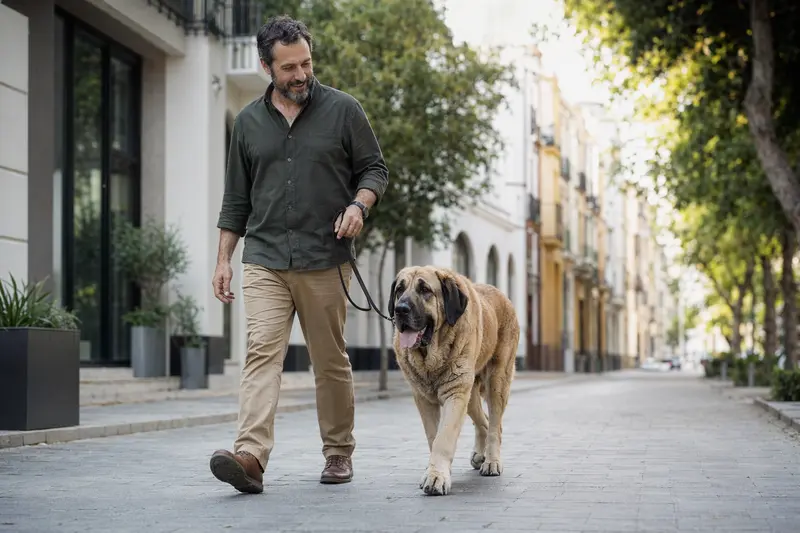 Ein Spanischer Mastiff läuft an der Leine mit seinem Besitzer durch eine moderne Stadtstraße im Alltag.