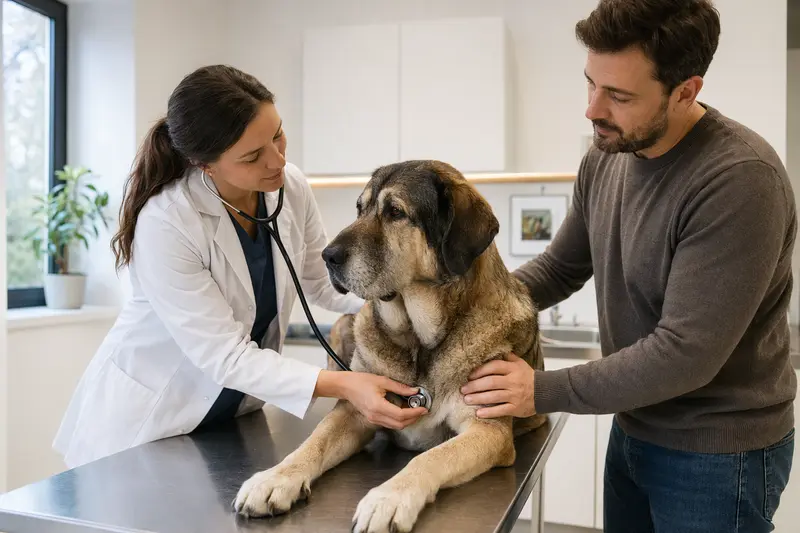 Eine freundliche Tierärztin untersucht einen ruhigen Spanischen Mastiff in einer modernen Tierarztpraxis, während der Besitzer beruhigend danebensteht.