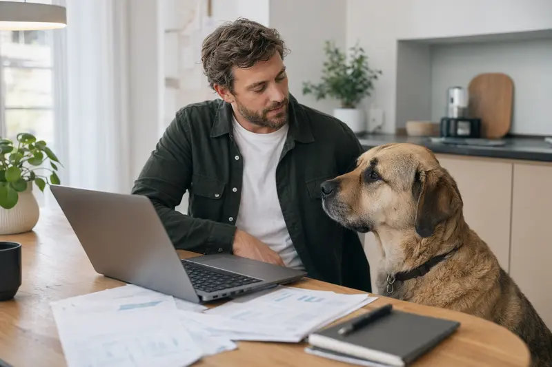 Ein Spanischer Mastiff sitzt ruhig neben seinem Besitzer am Küchentisch mit Versicherungsunterlagen und Laptop zur Hundekrankenversicherung.