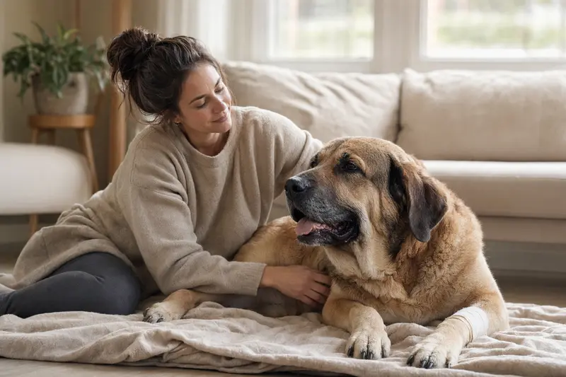 Spanischer Mastiff mit leicht bandagierter Pfote liegt ruhig auf einer Decke, während sein Besitzer erleichtert neben ihm sitzt.