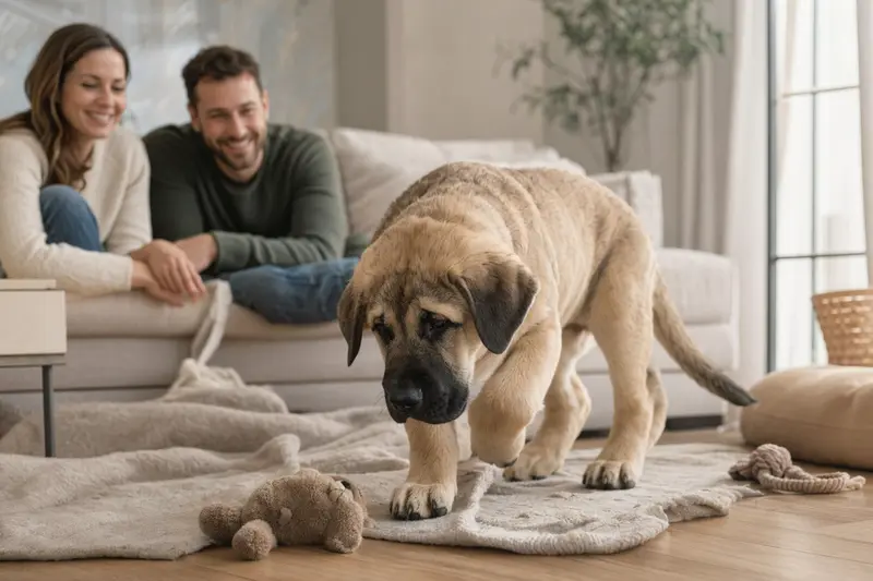Ein junger Spanischer Mastiff Welpe erkundet neugierig sein neues Zuhause auf einer weichen Decke zwischen Spielzeug und seiner liebevollen Familie im Hintergrund.