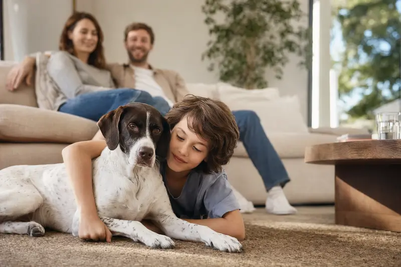 Ein freundlicher Spanischer Pointer liegt entspannt neben einem Kind im hellen Wohnzimmer in einer sicheren Familienatmosphäre.