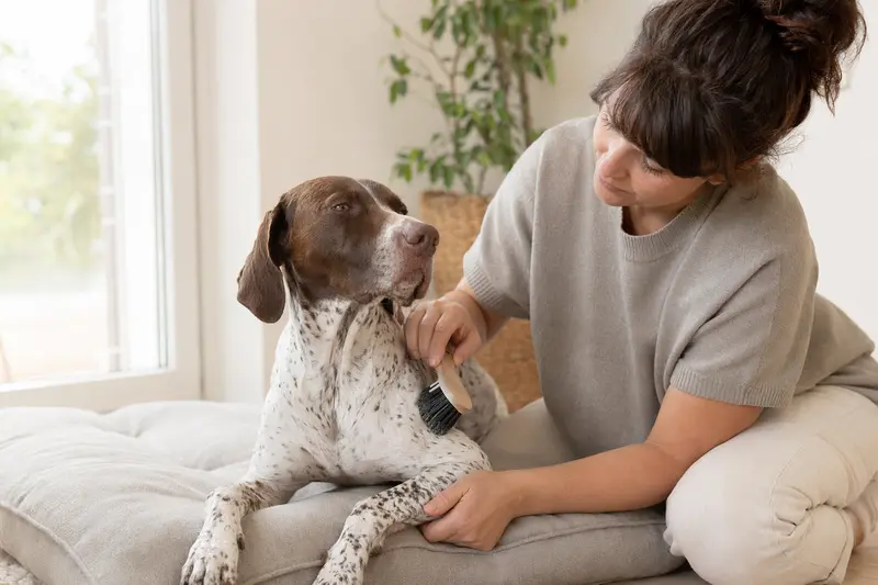 Ein Spanischer Pointer Hund wird in einer hellen Wohnung sanft gebürstet, während sein Besitzer das Fell liebevoll pflegt.