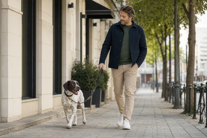Ein Spanischer Pointer läuft an der Leine mit seinem Besitzer durch eine freundliche moderne Stadtstraße.