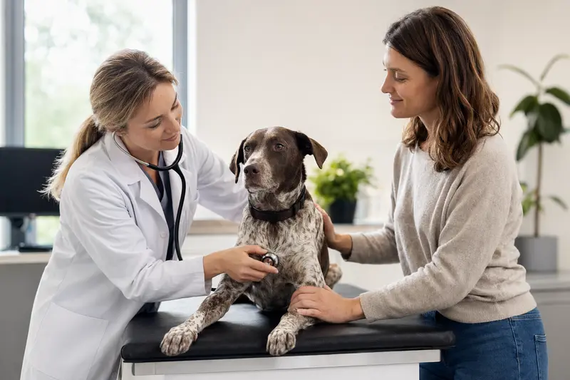 Eine Tierärztin untersucht einen ruhigen Spanischen Pointer auf dem Untersuchungstisch mit dem Stethoskop, während der Besitzer beruhigend daneben steht.