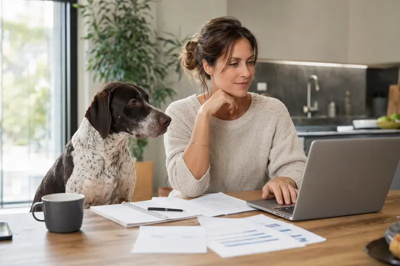 Ein Spanischer Pointer sitzt ruhig neben seinem Besitzer am Küchentisch mit Versicherungsunterlagen und einem Laptop mit Vergleichsseite zur Hundekrankenversicherung.