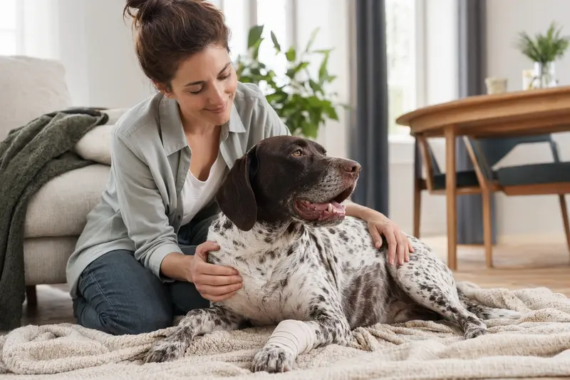 Ein Spanischer Pointer mit leicht bandagierter Pfote liegt ruhig auf einer Decke, während sein Besitzer neben ihm erleichtert sitzt.