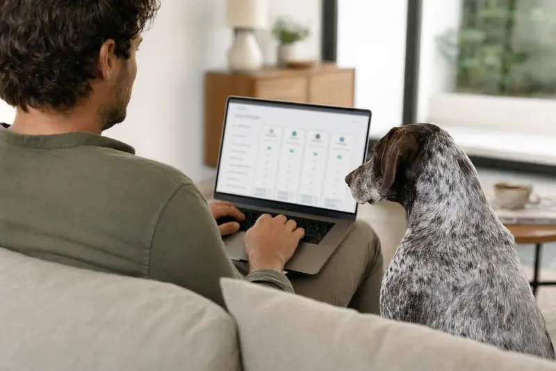 Besitzer arbeitet am Laptop auf dem Sofa mit seinem Spanischen Pointer neben sich und vergleicht Tierversicherungen.