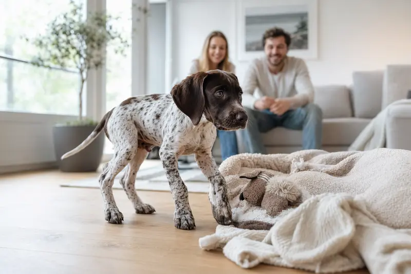 Junger Spanischer Pointer Welpe erkundet neugierig sein neues Zuhause auf einer weichen Decke mit Spielzeug in einer hellen Wohnung.
