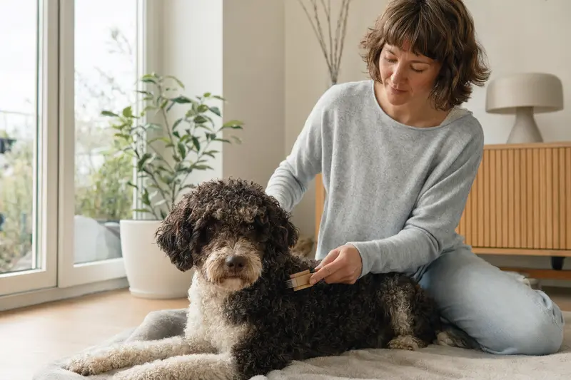 Ein Spanischer Wasserhund wird in einer hellen Wohnung sanft gebürstet, während sich sein Besitzer liebevoll um die Fellpflege kümmert.