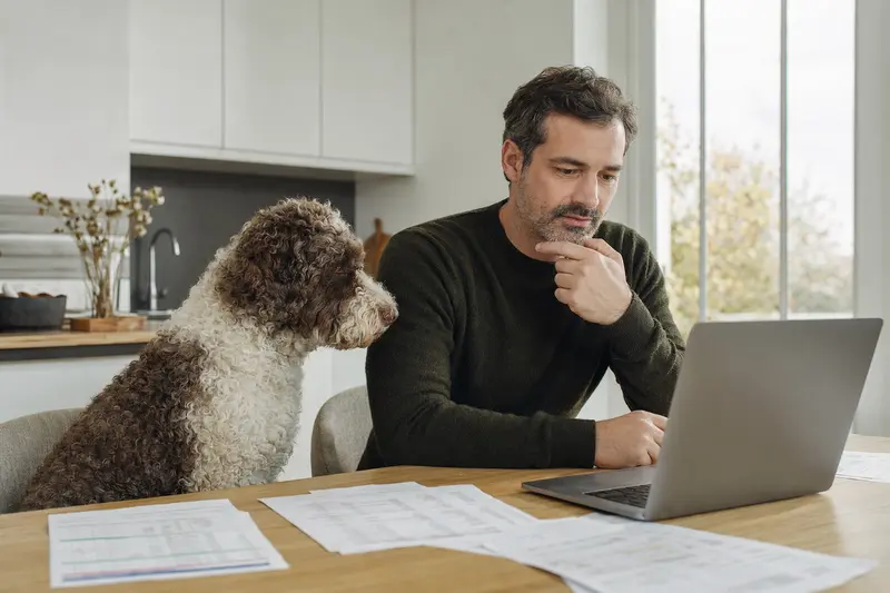 Ein Spanischer Wasserhund sitzt ruhig neben seinem Besitzer am Küchentisch mit Versicherungsunterlagen und einem Laptop zur Hundeversicherung.
