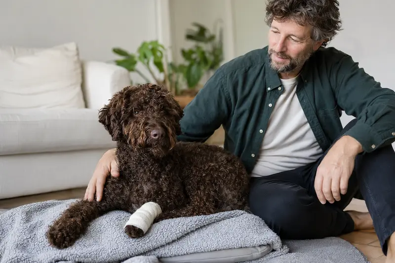 Spanischer Wasserhund mit leicht verbundenem Pfötchen liegt ruhig auf einer Decke, während sein Besitzer neben ihm erleichtert sitzt.
