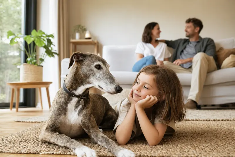Ein Spanischer Windhund liegt entspannt neben einem Kind im hellen Wohnzimmer, während die Eltern im Hintergrund stehen – eine sichere und vertrauensvolle Familienszene mit natürlichem Licht.