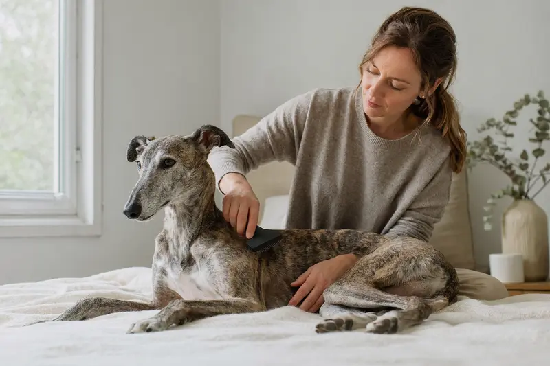 Ein Spanischer Windhund wird zuhause liebevoll gebürstet, während der Besitzer sanft die Fellpflege übernimmt.