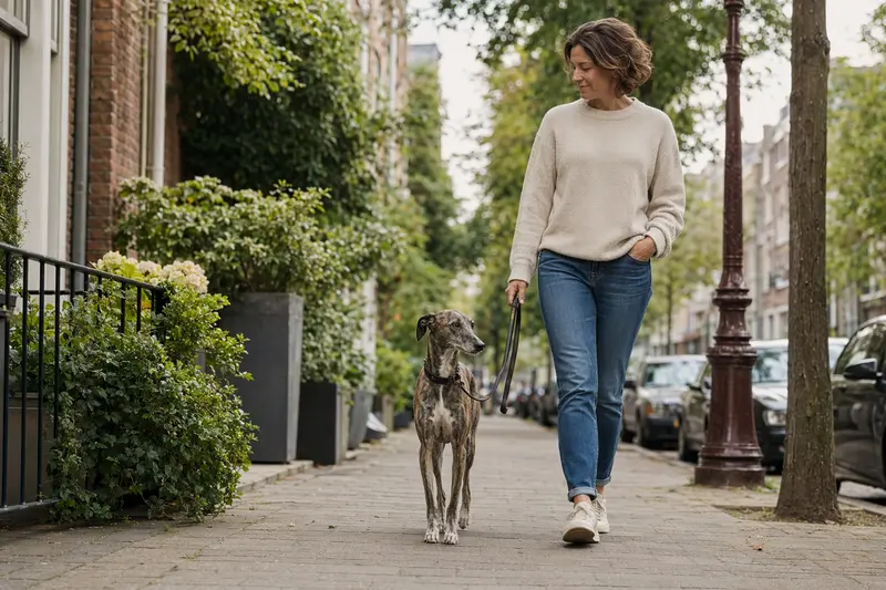 Ein Spanischer Windhund läuft entspannt an der Leine mit seinem Besitzer durch eine moderne Stadtstraße.