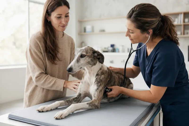 Eine freundliche Tierärztin untersucht einen ruhigen Spanischen Windhund mit dem Stethoskop in einer modernen Tierarztpraxis, während der Besitzer beruhigend danebensteht.