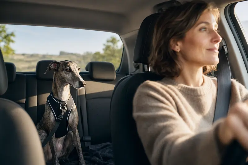 Ein sicher angeschnallter Spanischer Windhund sitzt auf der Rückbank eines Autos und wird während der Fahrt verantwortungsvoll begleitet.