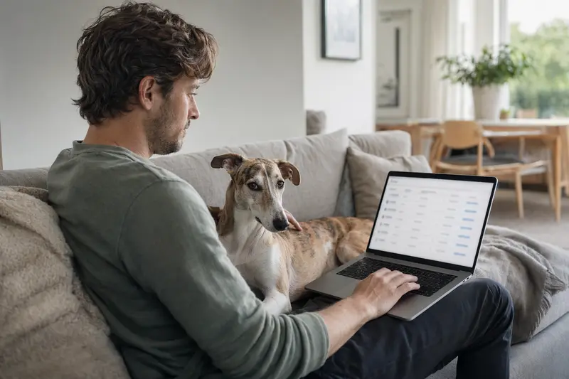 Besitzer mit Laptop auf dem Sofa, spanischer Windhund an der Seite, zeigt einen Versicherungsvergleich.
