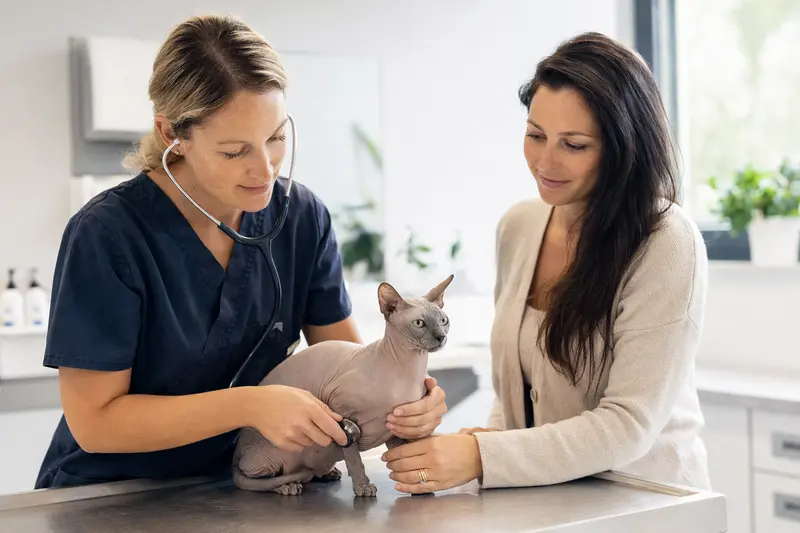 Eine Sphynx Katze wird von einer Tierärztin in einer modernen Praxis mit einem Stethoskop untersucht, während ihr Besitzer beruhigend danebensteht.