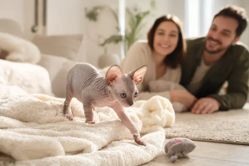 Ein neugieriges Sphynx Katzen Kitten erkundet seine weiche Decke und sein neues Spielzeug in einer freundlichen Wohnung.