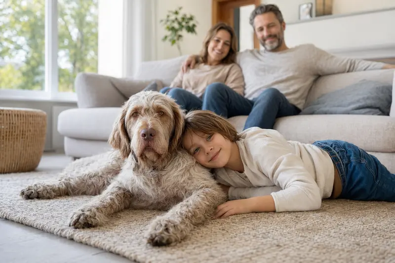 Ein freundlicher Spinone Italiano liegt entspannt neben einem Kind im Wohnzimmer, während die Eltern im Hintergrund für eine sichere Familienatmosphäre sorgen.