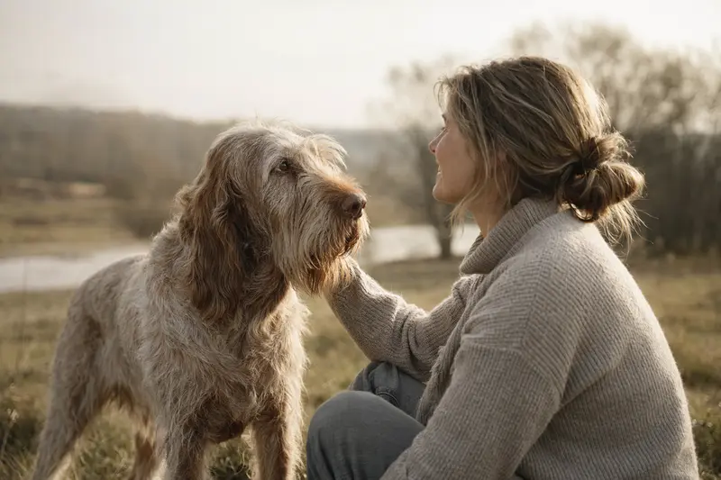 Spinone Italiano Hund steht aufmerksam vor hellem Hintergrund in natürlicher Haltung als realistisches Tierporträt.