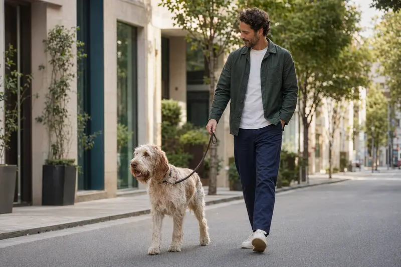 Ein Spinone Italiano läuft an der Leine mit seinem Besitzer durch eine moderne Stadtstraße, passend zum Thema Hundegesundheit und Hundeversicherung.