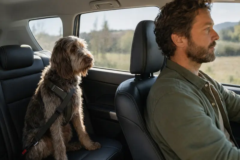 Ein Spinone Italiano Hund sitzt sicher angeschnallt auf der Rückbank eines Autos, während der Besitzer fährt.