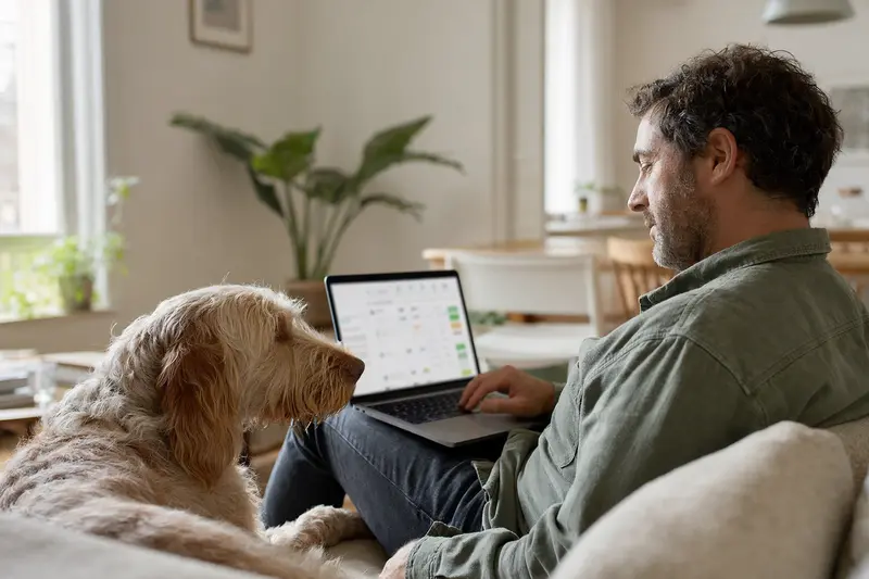 Ein Hundebesitzer sitzt entspannt mit einem Laptop auf dem Sofa, neben ihm liegt ein Spinone Italiano, während er einen Versicherungsvergleich für Haustiere durchführt.