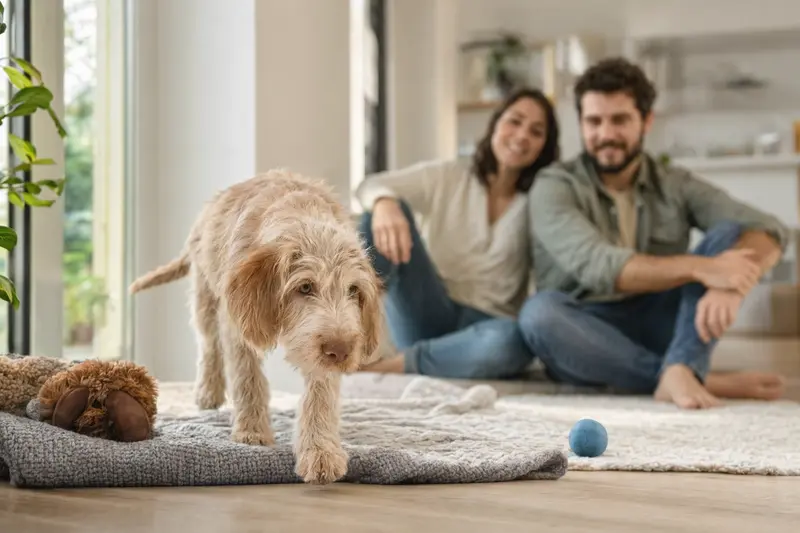 Ein neugieriger Spinone Italiano Welpe entdeckt sein neues Zuhause mit einer liebevollen Familie im Hintergrund.