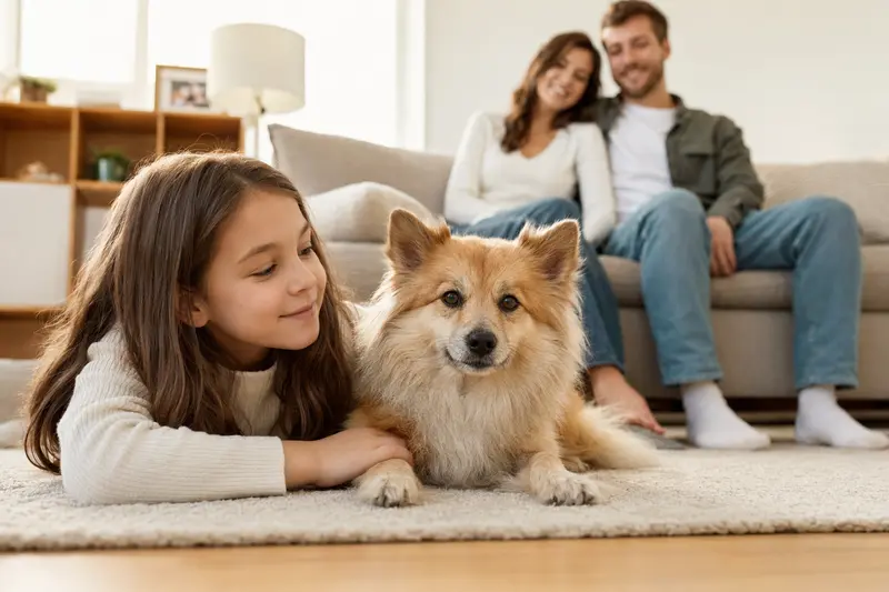 Ein freundlicher Spitz Hund liegt entspannt neben einem Kind im hellen Wohnzimmer und vermittelt eine ruhige, sichere Familienatmosphäre.
