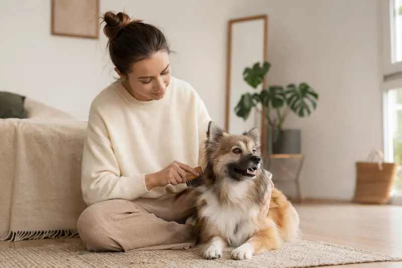 Ein Spitz Hund wird in einer hellen Wohnung liebevoll gebürstet, was die Fellpflege und verantwortungsvolle Hundegesundheit zeigt.