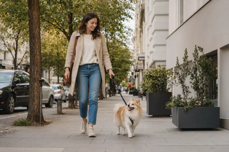 Ein Spitz Hund läuft an der Leine mit seinem Besitzer durch eine freundliche moderne Stadtstraße.