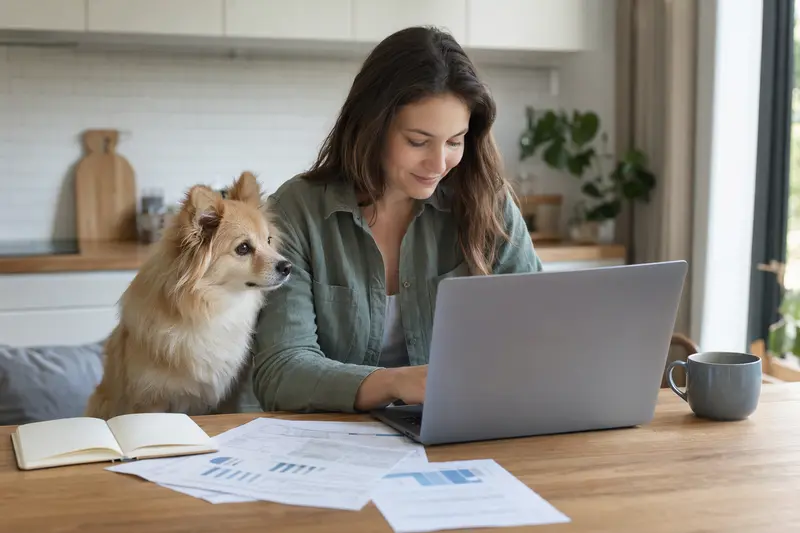 Ein Spitz sitzt ruhig neben seinem Besitzer am Küchentisch mit Versicherungsunterlagen und einem Laptop zur Hundekrankenversicherung.